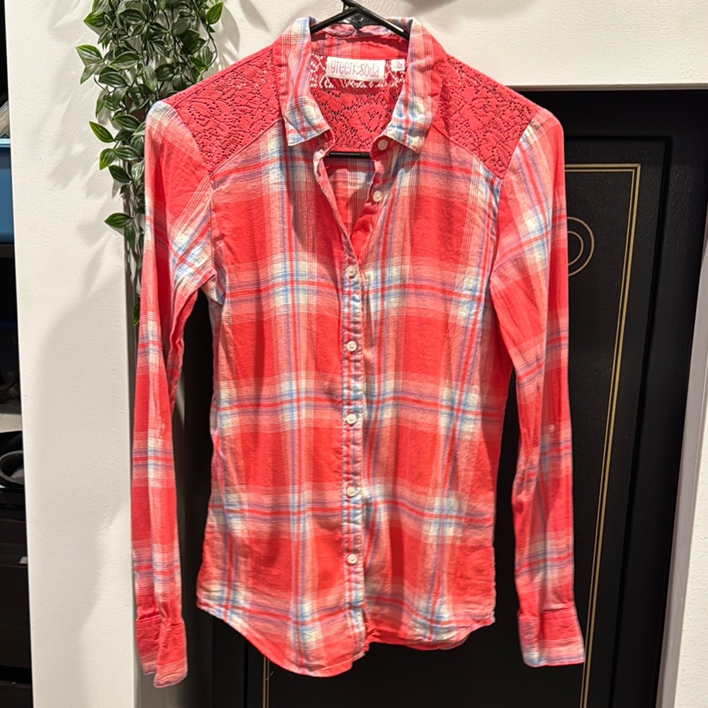 Coral Plaid Button Down Shirt for Kids